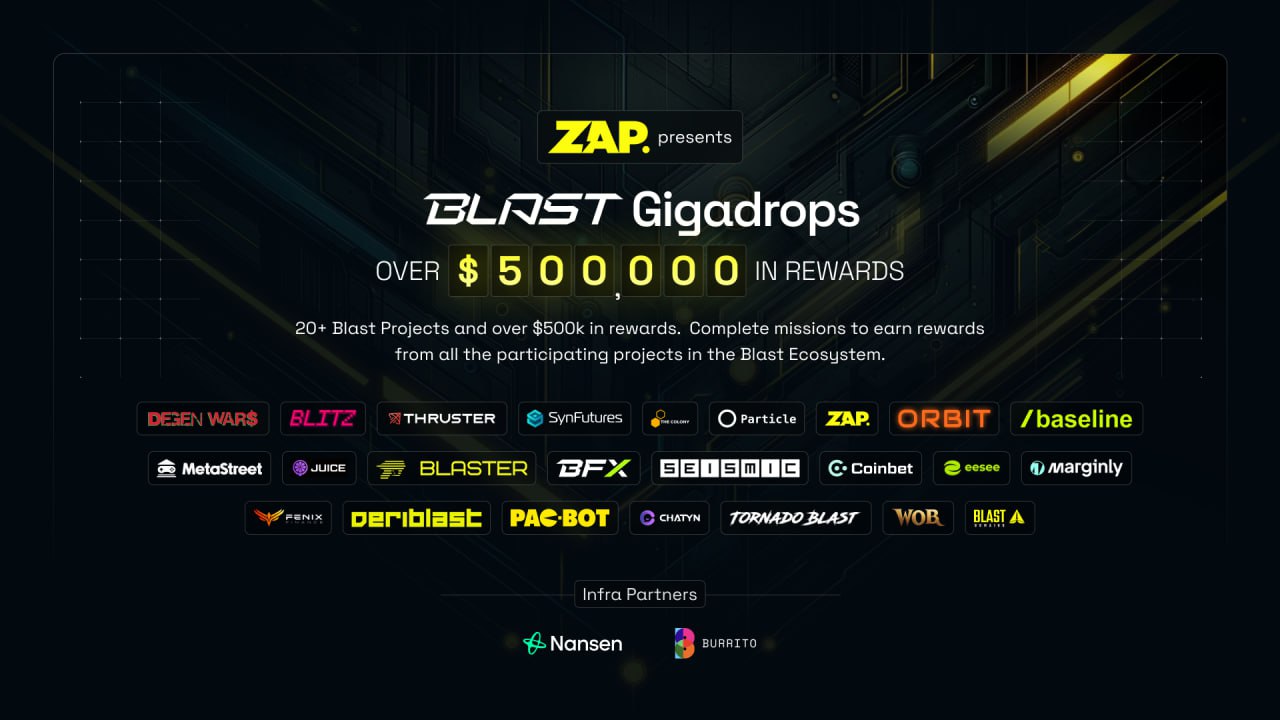 ZAP Blast Gigadrops Airdrop is Here: Total Prize Pool Reaches $500,000, Featuring Rewards from 20+ Blast Projects