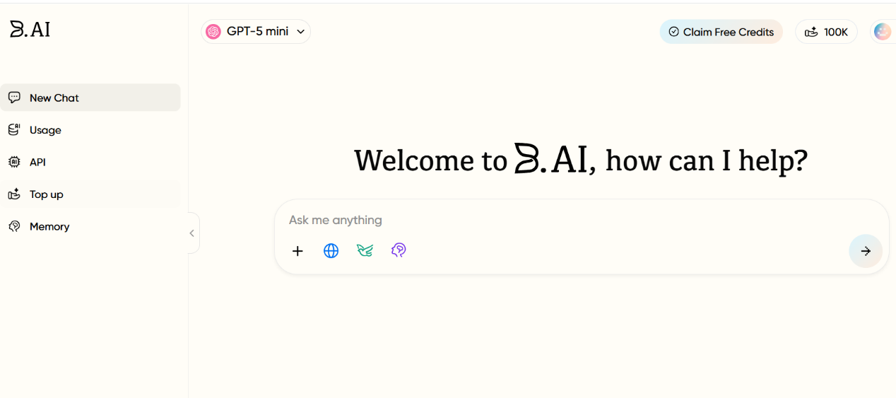 B.AI LLM 服务快速入门指南：四步畅玩多款 AI 大模型对话与API接入，登录即领 100,000 免费AI积分 