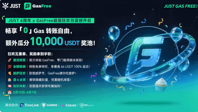 “JUST 6 周年 x GasFree 超级狂欢月”震撼来袭:畅享“0”Gas 转账自由 ,瓜分 10,000 USDT 超额奖池