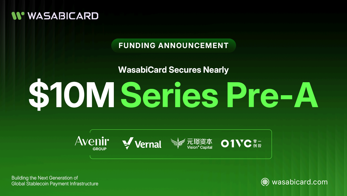 WasabiCard, 약 1,000만 달러 규모의 프리-A 라운드 펀딩 유치 완료… 베르날 캐피탈(Vernal Capital), 아베니르 그룹(Avenir Group), 비전 플러스 캐피탈(Vision Plus Capital), 01VC 등 유명 기관 참여