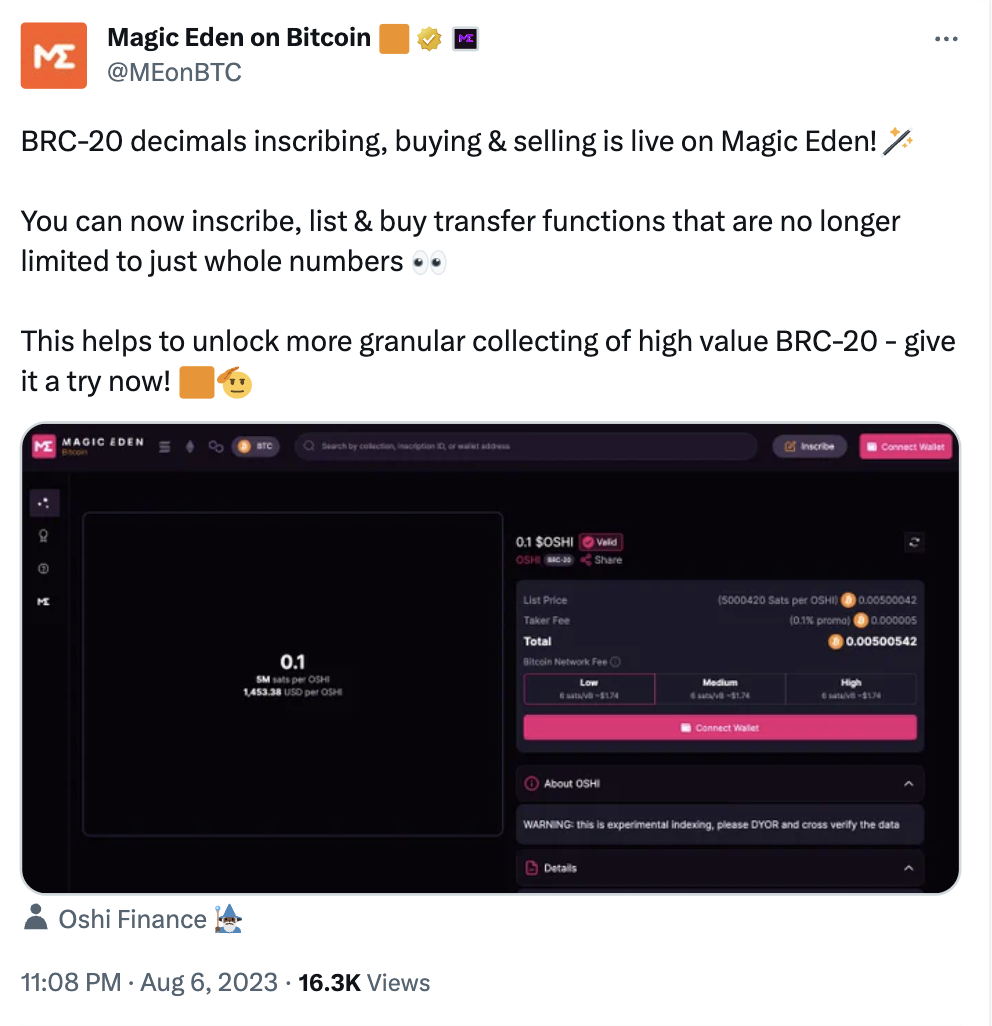Magic Eden 比特币NFT 市场宣布支持BRC-20 小数位铭刻和交易,不再局限于整数