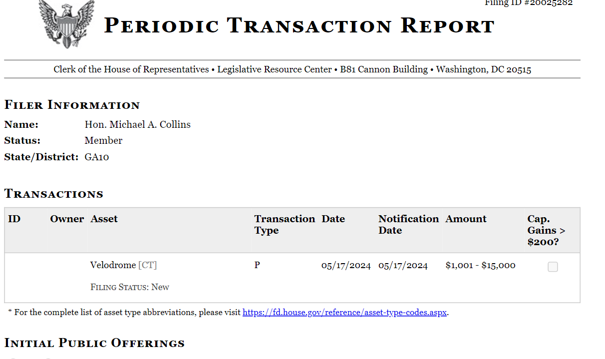 美国众议院议员Michael Collins披露曾于5月17日进行Velodrome资产交易