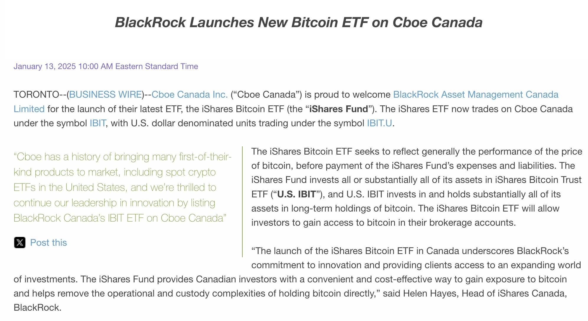 贝莱德在加拿大CBOE 交易所推出新的iShares 比特币ETF