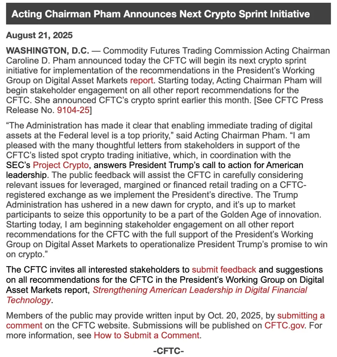 CFTC 启动「加密冲刺」新阶段，为数字资产即时交易打开合规通道