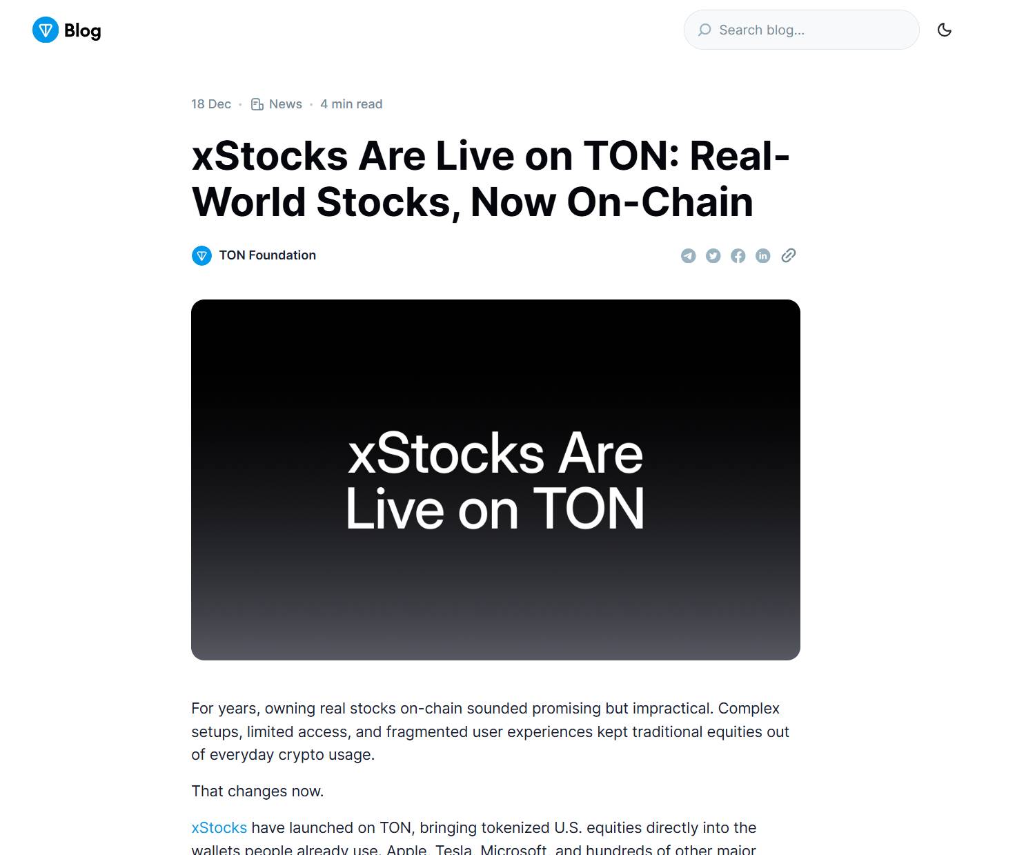 TON:xStocks 已在 TON 上线,用户可在钱包内直接交易代币化美股