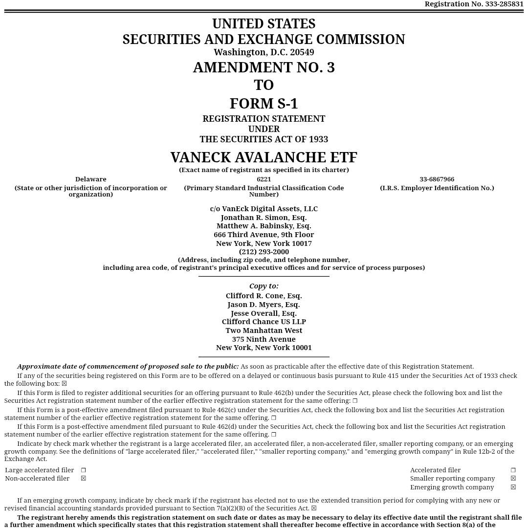 VanEck 向美 SEC 提交现货 AVAX ETF 申请