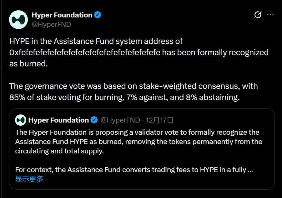 Hyper 基金会：援助基金持有的 HYPE 已被正式认定为销毁