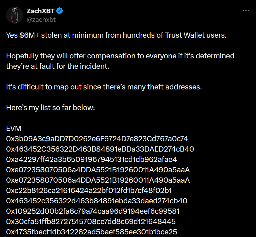 “链上侦探” ZachXBT ：Trust Wallet 用户被盗资金至少达 600 万美元