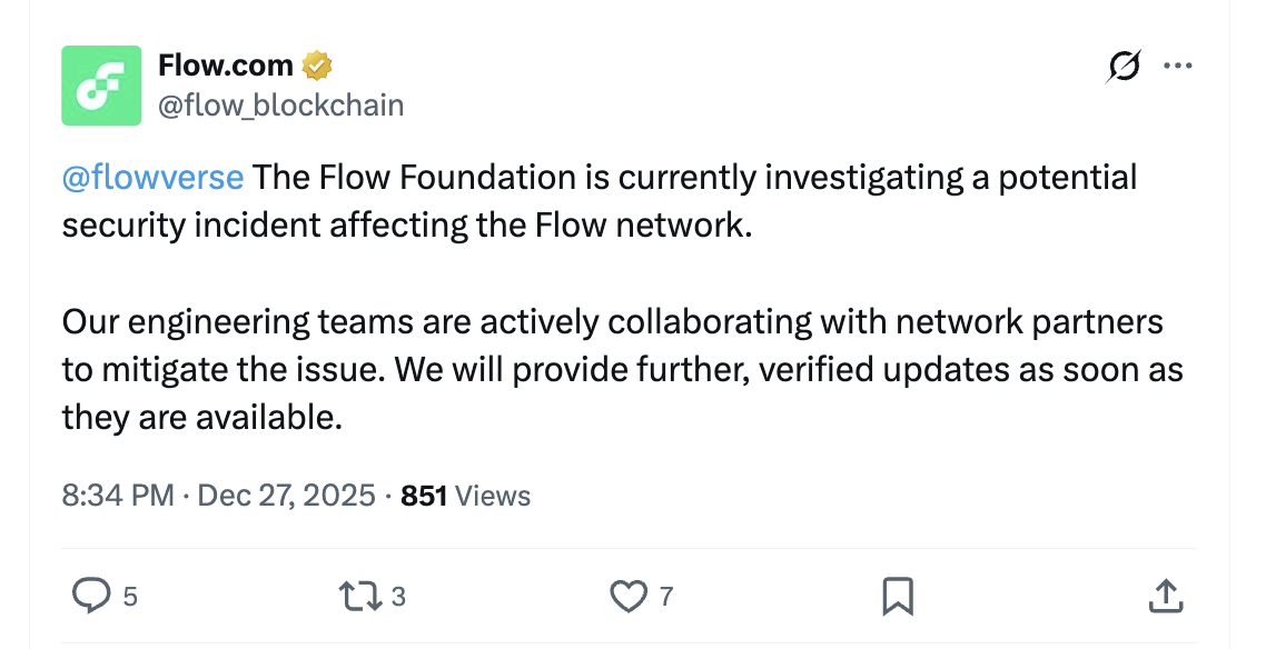 Flow 基金会正在调查一起可能影响 Flow 网络的安全事件